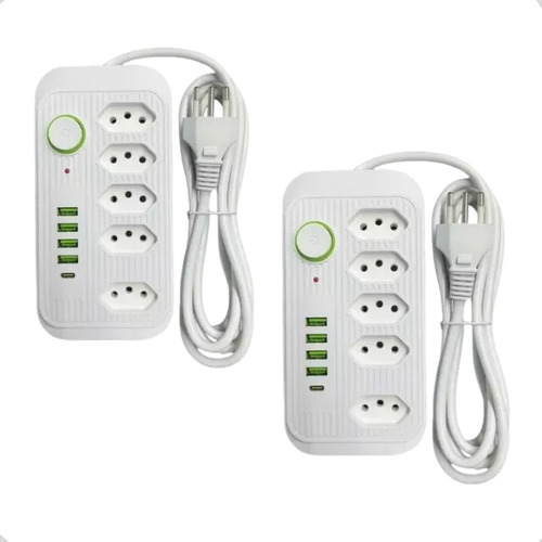 Kit 2 Filtro De Linha Kapbom Ka-7011 5 Tomadas Usb Tipo-c 3m Cor Branco 127v/220v