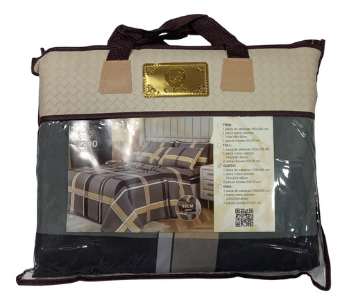 Juego De Sábanas C.d.o. 2 1/2 Plazas Americano 203x228 Cm Marrón Oscuro - Beige - Gris Y Negro Cuadro Moderno