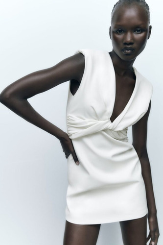 Vestido Blanco Nudo Drapeado Zara Xs Nuevo C Etiqueta