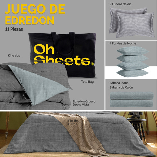 Oh! Sheets Juego De Edredon Cationico 11 Piezas King Size Negro/gris Lisa