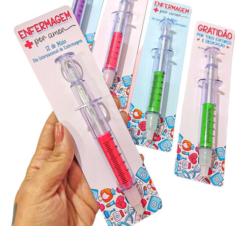 120 Lembrancinha Enfermagem Card + Caneta Seringa