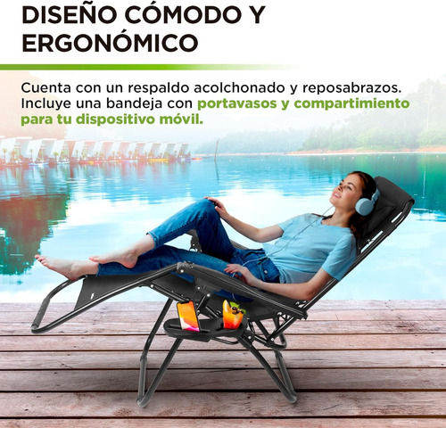 Silla Reclinable Hikeo Con Posavasos Y Cojín Acolchado Negro