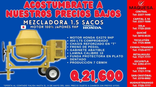 Oferta Mezcladora Jf 1.5 Sacos Motor Honda 9hp 