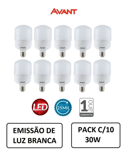 Kit 10 Lâmpadas Led Avant Alta Potência 30w 6500k P Galpão