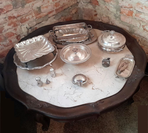 Mesa Redonda De Madera Y Tope De Marmol  Mueble - Vintage