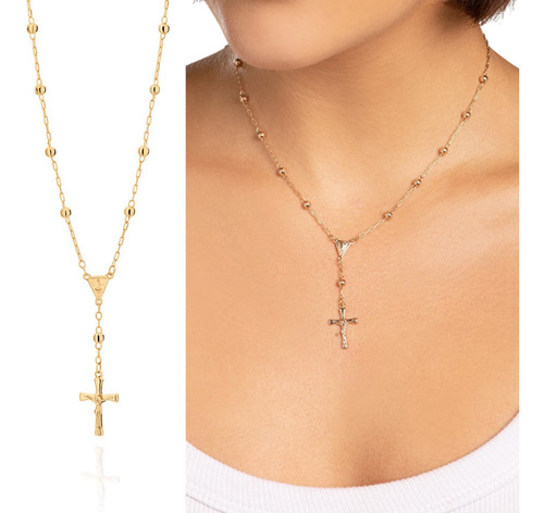 Colar Terço Feminino Dourado Rosario Crucifixo Banhado Ouro