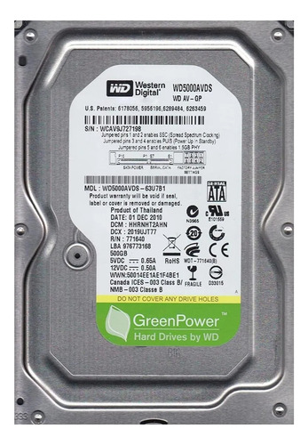 Disco Rígido Wd Sata 500gb Modelo: Wd5000avds-63u7b1 Lacrado Prateado