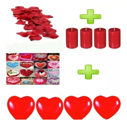 Pack 100 Petalos Rosa Plastico+4velas+4 Globos Latex Corazon