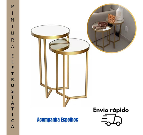 Mesa Lateral Conjunto Com 2 Tampo Espelho Decoração Luxo