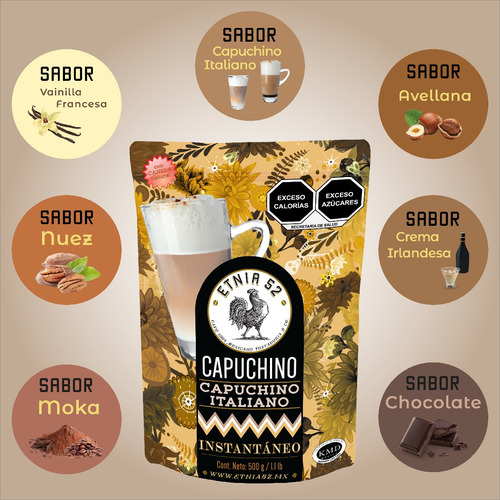 Imagen 3 de 8 de Café Capuchino Instantáneo Varios Sabores, Etnia 52 - 500gr