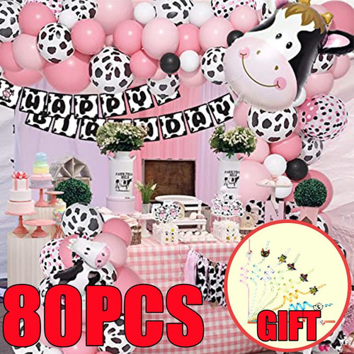 80 Globos De Fiesta De Cumpleaños Con Temática De Vaca Rosa