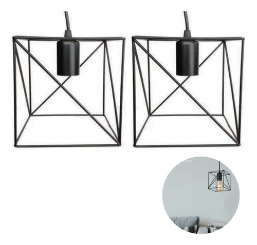 2x Pendente Aramado Quadrado Luminária Lustre Teto Preto 