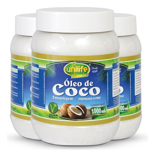 Kit 3 Óleo De Coco Extra Virgem Unilife 1 Litro