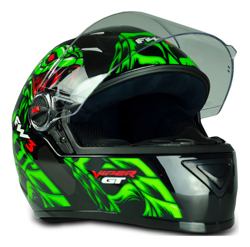 Capacete Fechado Gt Viper Preto E Verde Com Narigueira 56 Desenho Cobra