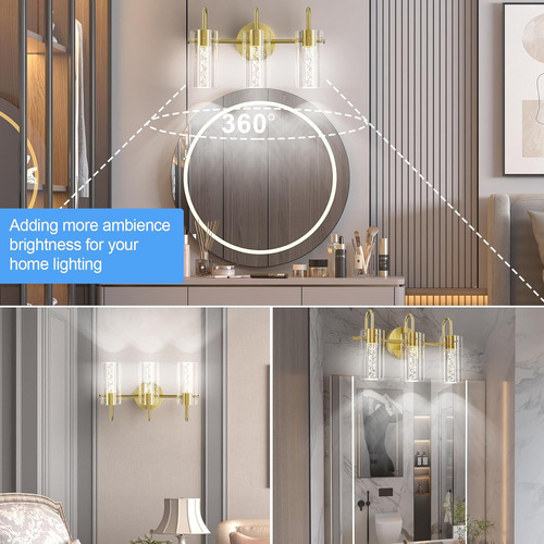 Lámparas De Baño Doradas 3 Luces Modernas Con Cristal De Bur