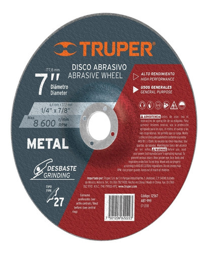 Disco Desbaste Metal, 27, Diámetro 7'', 1/4'' Truper 12567 Color Rojo
