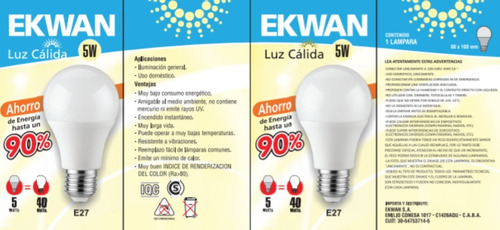 Imagen 2 de 2 de Lámpara Led Bulbo Luz Cálida Rosca E27 Ekwan 5w=40w 450 Lume