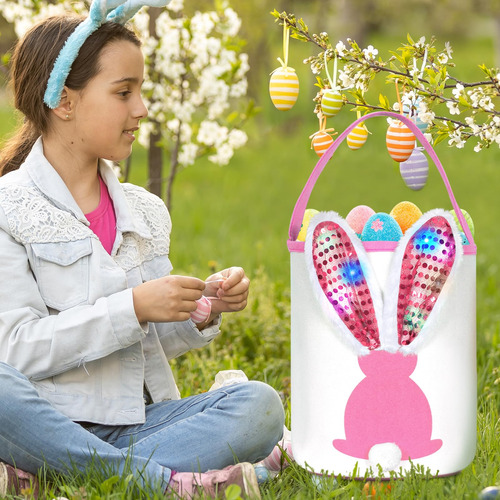 Cesta De Conejo De Pascua Grande Con Luces Rosa