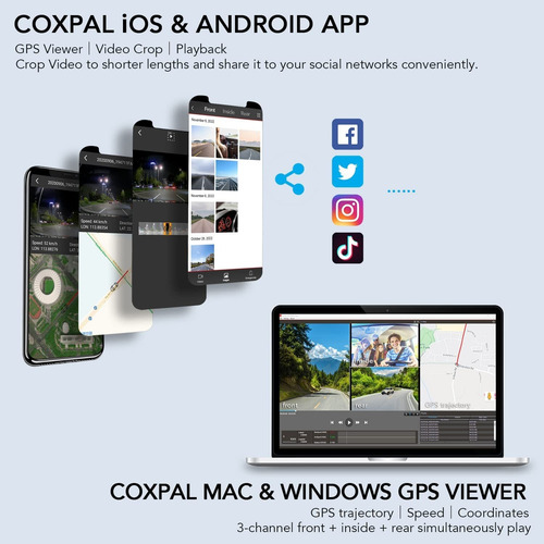 Dash Cam Coxpal, 3 Canales, Delantera/trasera/interior, Gps