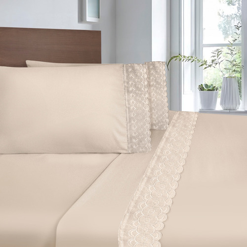 Juego De Sabanas King Size Beige Bordadas Elefantito Diseño De La Tela Liso