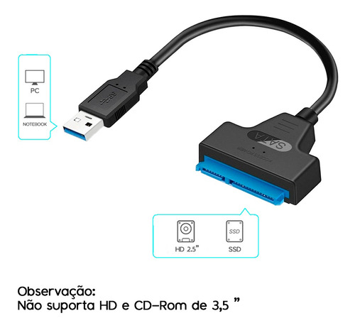 Cabo Adaptador Usb 3.0 Sata Para Ssd E Hd 2.5 22 Pinos Cor Preto