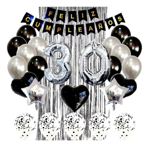 Kit Decoración Feliz Cumpleaño Bombas Plata Y Negro+cortina