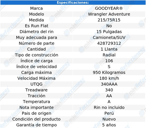 Llanta Goodyear Lt215/75r15 Wrangler Adventure 106/103s