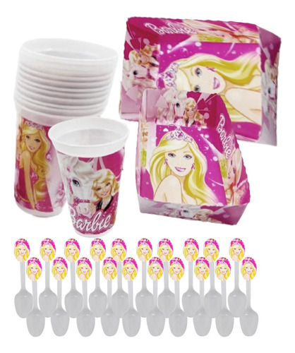 Kit X12 Fiesta Cumpleaños Barbie Vasos, Bandejas, Cubiertos 