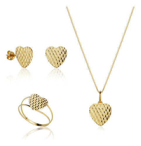 Conjunto Feminino Coração Ouro 18k 50cm + Anel + Brincos