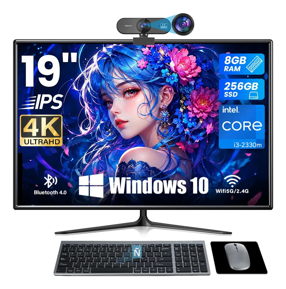 19'' Pc All In One 8gB Ram+256gb Ssd Intel I3-2330m con Teclado Español Ratón y Cámara, Kinwodon Computadora IPS 4K Wind
