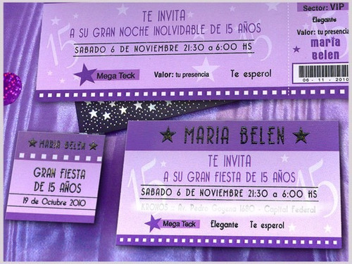 Invitaciones De 15 Tarjetas Ticket Violeta Lila