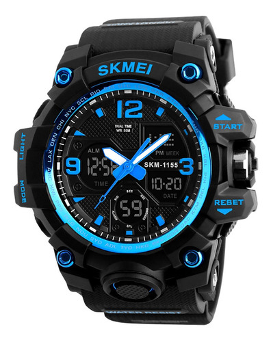 Reloj Skmei Grande Negro Azul Agujas Pantalla Negra 1155 B