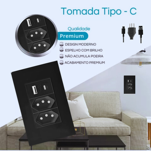 Tomada Dupla De Parede Usb Tipo C Bivolt Turbo