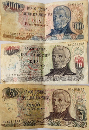 3 Billetes Argentina 5-10 Y 100 Pesos 1980 (bb50
