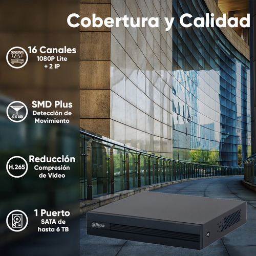 Kit videovigilancia cronos 16 cámaras Dahua bala HFW1200CM-A Con audio metálicas 2mp + bobina cable UTP + Baluns + accesorios - kit cctv DH-KIT-MET16CH-SDD (dvr dahua XVR1b16-i circuito cerrado)