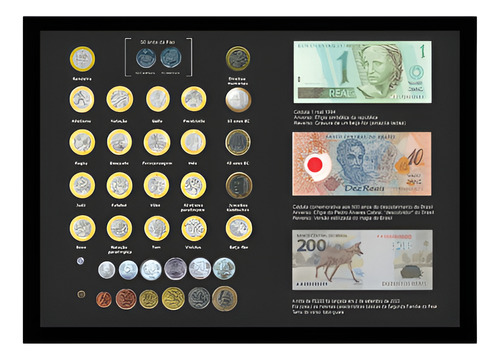 Quadro Coleção Plano Real Moedas Comemorativa Nota 200 Reais