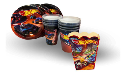 Kit Platos, Vasos Y Palomeros Para 10 Invitados Personajes Hot Weels