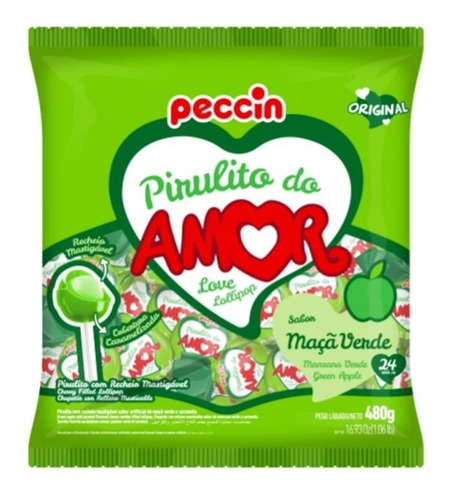 Pacote Pirulito Maça Verde Do Amor 480g C/24 Unids - Peccin