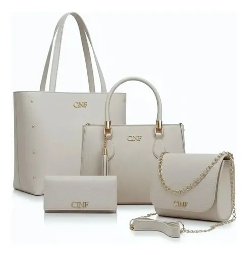 Kit Bolsas Feminina Sacola Transversal Tira Colo Carteira Cor Marfim Liso Dourado