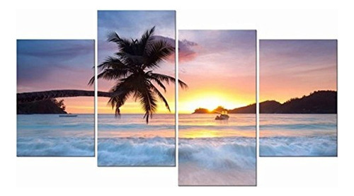 Pyradecor Sunrise Playa Tema 4 Paneles Giclee Lienzos Sobre