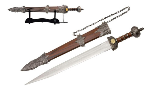 Espada Romana Gladius En Acero Con Funda Y Soporte De Madera