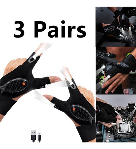 3 Pares Transpirables Con Luz Led Fishing Guantes Equipo Al