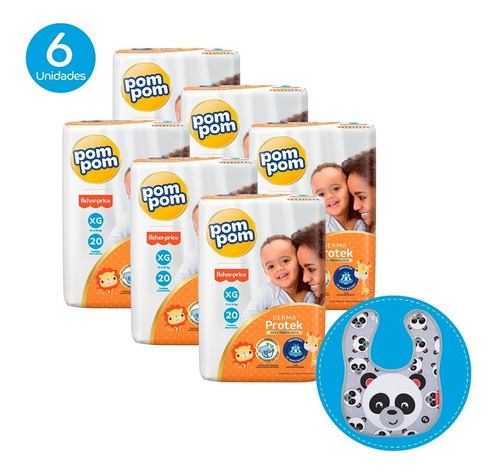 Imagem 1 de 9 de Kit Pom Pom Fraldas Derma Xg 120u + Brinde Babador Fisher