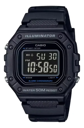 Relógio Casio masculino digital preto com pulseira de resina, destaque para o visor e botões laterais.