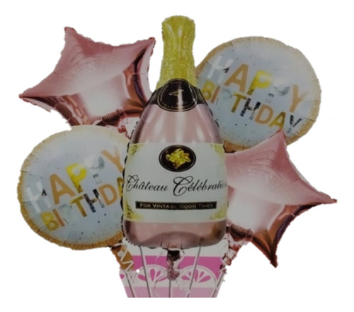 Kit 5 Globos Happy Birthday Botella De Champagne Estrellas 