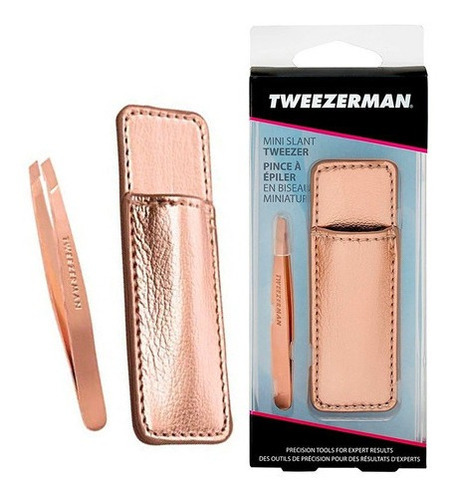 Mini pinça de barbear Tweezerman com ponta curvada e estojo em ouro rosa