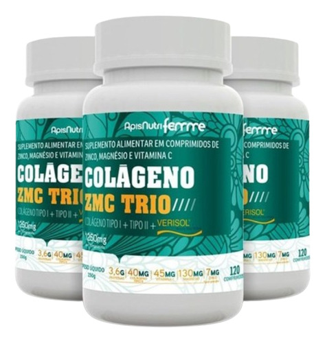 Kit por 3 Apisnutri Colágeno Zmc Trio Tipos 2 1 verisol 120 Comp Sem sabor