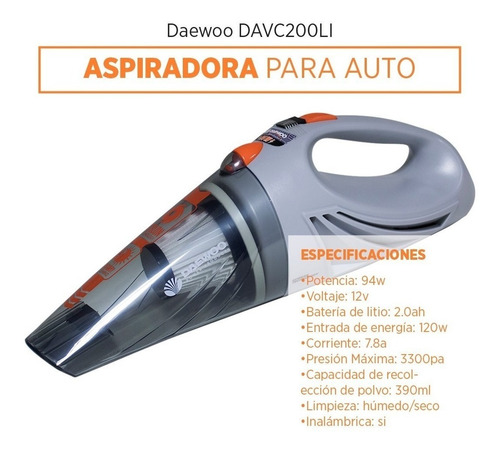 Imagen 4 de 7 de Aspiradora Inalambrica 120w Daewoo Portatil + Bolso + Acces