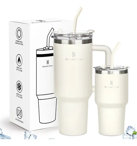 Kit Copo Térmica Inox 1200ml &amp; 600ml Com Tampa E Inox Canudo - R$ 78,99