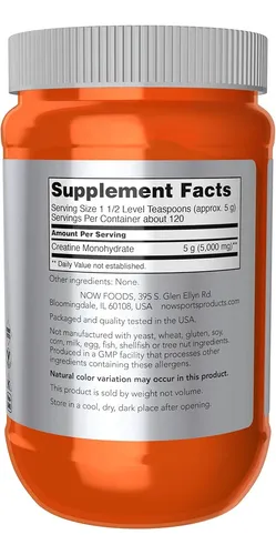 Now Foods Creatina Monohidratada 600g Polvo Puro Sin Sabor